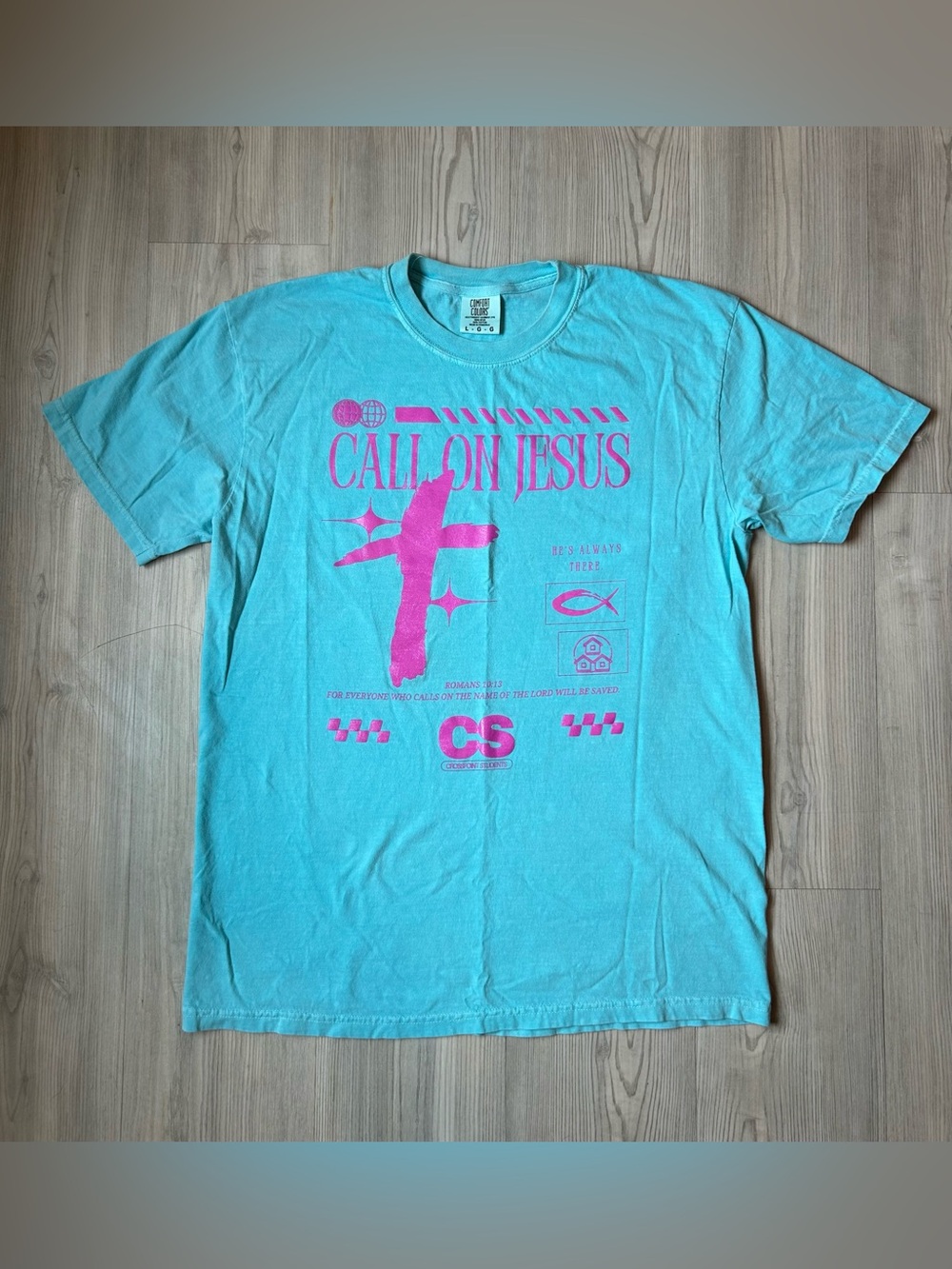 Comfort Colors Turquoise Tee with Pink 'Call On Jesus' Graphic